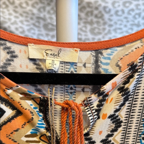 Easel Embroidered Blouse with Geometric Patterns in Tan and Orange - Picture 2 of 6